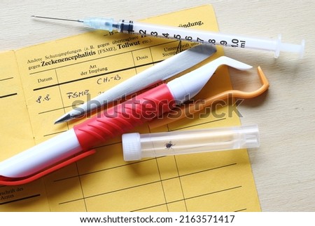 Vaccination against tick-borne encephalitis
Translation: Other protective vaccinations (e.g.against transmissible meningitis, tick-borne encephalitis(TBE) rabies - date,type,dose,signature and stamp Royalty-Free Stock Photo #2163571417