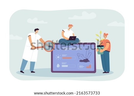 Cartoon scientists doing agroanalysis of soil together. Researchers with magnifier, laptop and plant in pot analyzing soil flat vector illustration. Agrology, agriculture, ecology concept for banner Royalty-Free Stock Photo #2163573733