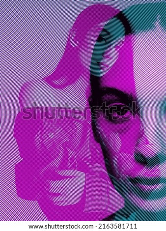 Love. Creative portrait with glitch duotone effect. Multiple exposure, abstract fashionable beauty photo. Young beautiful female model posing. Youth culture, fashionable people. Poster