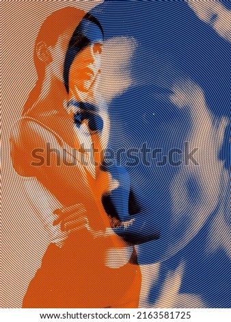 Shocked woman's portrait with glitch duotone effect. Colorful halftone. Multiple exposure, fashionable beauty photo. Art, creativity, diversity, youth culture, ads. Design for poster, magazine cover
