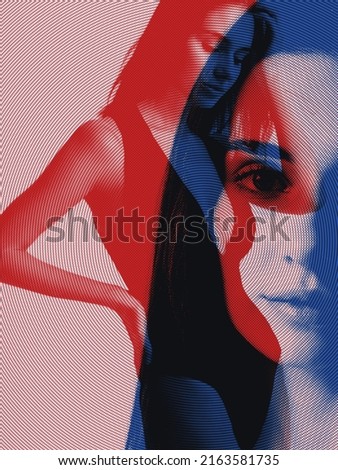 Calm. Woman's portrait with glitch duotone effect. Colorful halftone. Multiple exposure, fashionable beauty photo. Art, creativity, diversity, youth culture, ad. Design for poster, magazine cover