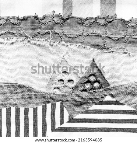 Fabric art applique Illustration. Patchwork forest landscape with trees, hills and sky. Original graphic illustration black and white. Decorative landscape hand made recycled trash art