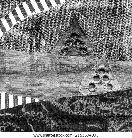Fabric art applique Illustration. Patchwork forest landscape with trees, hills and sky. Original graphic illustration black and white. Decorative landscape hand made recycled trash art
