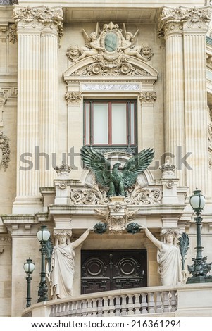 Architectural details of Opera National de Paris. Grand Opera (Garnier Palace) is famous neo-baroque building in Paris, France - UNESCO World Heritage Site.