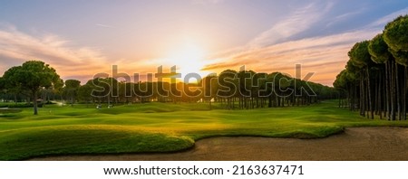 Golf course at sunset with beautiful sky and sand trap. Scenic panoramic view of golf fairway with bunker. Golf field with pines Royalty-Free Stock Photo #2163637471