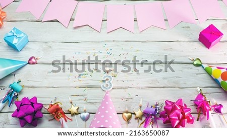 Happy birthday number 3. Copyspace. Beautiful card in pastel pink colors for a woman or a girl. Decorations festive place for your text
