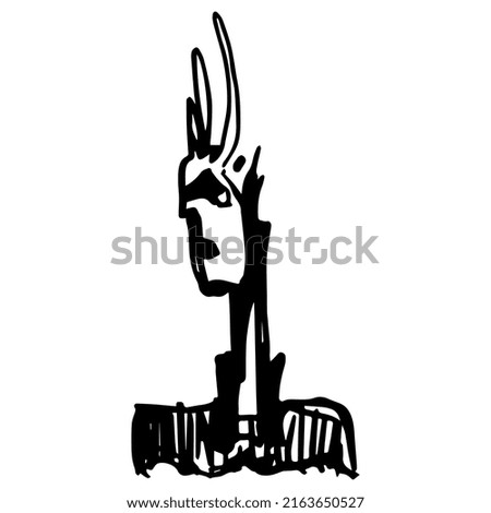 Fantastic funny character. Man with punk hairstyle. Hand drawn linear doodle rough sketch. Black silhouette on white background.