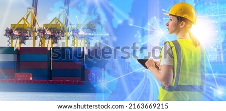 Woman engineer. Seaport logistics. Girl engineer is working on logistics. Engineer in cargo port. Ship with containers symbolizes shipping. Cargo Harbor employee holding tablet. Woman in yellow vest