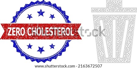Polygonal bucket wireframe icon, and bicolor grunge Zero Cholesterol seal. Mesh carcass illustration created from bucket icon.