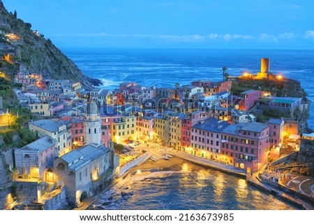 View of Vernazza village popular tourist destination in Cinque Terre National Park a UNESCO World Heritage Site, Liguria, Italy  Royalty-Free Stock Photo #2163673985