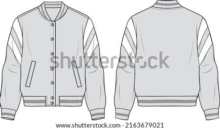 Women's Zip-up, Trimmed Bomber Jacket Set. Jacket technical fashion illustration. Flat apparel jacket template front and back, grey colour. Women's CAD mock-up. Royalty-Free Stock Photo #2163679021