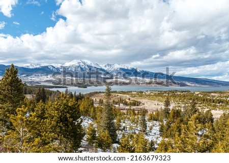 View of Lake Dillon in Summit County, Colorado with surrounding mountains Royalty-Free Stock Photo #2163679323