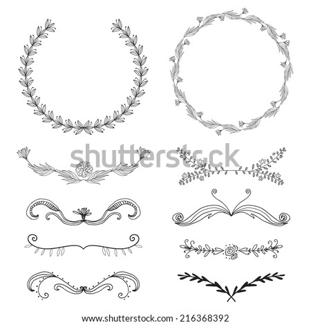 Set of hand-draw vector victory laurel wreaths and elements for stationary. Easy to edit and change colors.