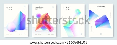 Abstract poster collection with colorful 3d geometric shapes. Geometric gradient background in minimal style. Ideal for cover, banner, invitation, business flyer. Vector illustration