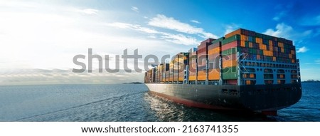 webinar banner ,Stern of large cargo ship import export container box on the ocean sea on blue sky back ground concept transportation logistic and service to customer and supply change  forwarder mast