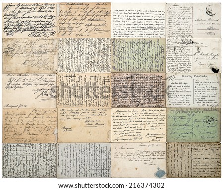antique postcards. old handwritten undefined texts from ca. 1900. grunge vintage papers background. french carte postale