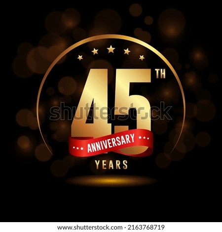 45 years anniversary logo with golden ring and ribbon for booklet, leaflet, magazine, brochure poster, banner, web, invitation or greeting card. Vector illustrations.