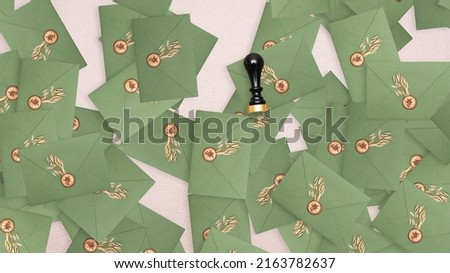 Elegant greenery on wedding invitation card template. top view