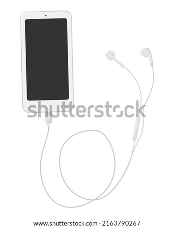 A smartphone with wired earphones with a blank screen. A phone, electronic device with empty space for text. Top view. Flat vector illustration isolated on white background.