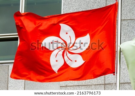 Flag Of Hong Kong SAR Waves Outside Building