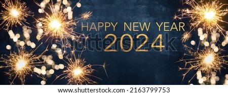 HAPPY NEW YEAR 2024, New Year's Eve Party background greeting card  - Sparklers and bokeh lights, on dark blue night sky
