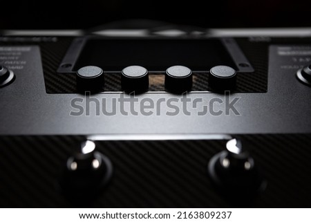Electric guitar effector pedal. Professional audio equipment for guitarist. Curated collection of royalty free images of guitarist gear