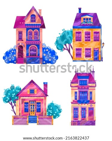 Set of vector illustration different type of houses. Cute architecture. Can be used for game design, branding, design elements. Vector art. Isolated of White background. 