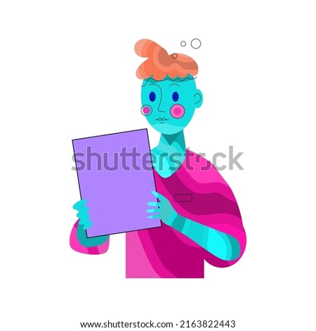 Man holding a blank board. Add your own text. Vector illustration. Isolated on white background. 