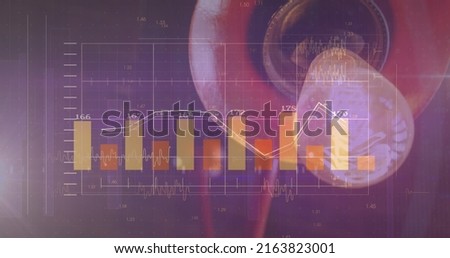 Image of financial data processing over light bulb. global finance, business and digital interface concept digitally generated image.