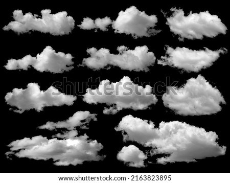 beautiful white clouds elements set, isolated on black background. Royalty-Free Stock Photo #2163823895