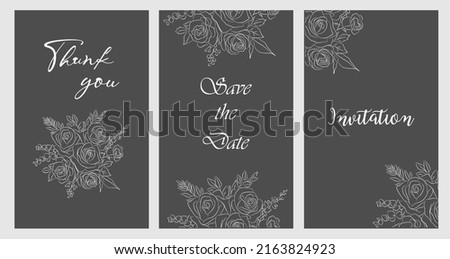 Invitation card template with roses bouquet line art monochrome vector illustration. Ink sketch trendy minimalist design perfect for wedding invitation, birthday invitation card, thank you card etc. 