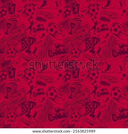 Red monochrome Football seamless pattern. Abstract repeat sport print. Soccer ball, football player, win cup endless ornament with graffiti words drawing in street art style.