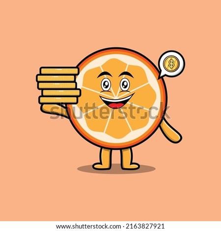 Cute cartoon orange fruit character holding in stacked gold coin vector illustration