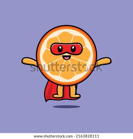 Cute orange fruit superhero character flaying illustration cartoon vector in concept 3d modern style