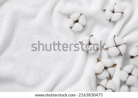 Cotton flowers on a white terry towel with copy space. Royalty-Free Stock Photo #2163830475