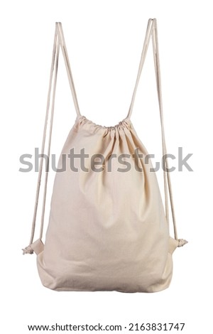 Drawstring pack template jute isolated on white. White bag. File contains clipping path. Royalty-Free Stock Photo #2163831747