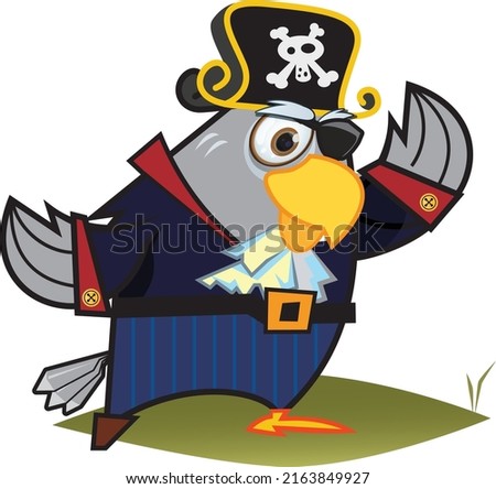Pirate. Pirate leader. Pirate is a bird. One-eyed pirate. In a hat with a skull. Funny character. Royalty-Free Stock Photo #2163849927