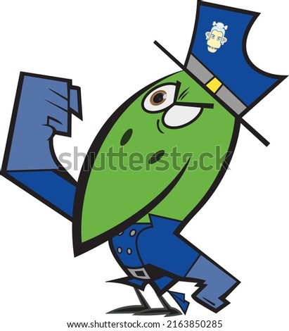 Pirate. Pirate is a bird. Green face. In a blue hat. Blue suit. Funny character in the image of a pirate. Royalty-Free Stock Photo #2163850285