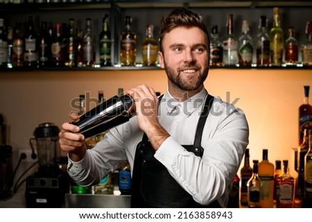 Professional bartender in white shirt and black apron holds in hands steel shaker. Blurred bottles on shelves in the background Royalty-Free Stock Photo #2163858943