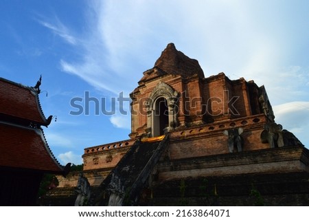 Old Pagoda Architecture Lanna at Wat Chedi Luang Chiangmai, Northern, Thailand. Royalty-Free Stock Photo #2163864071