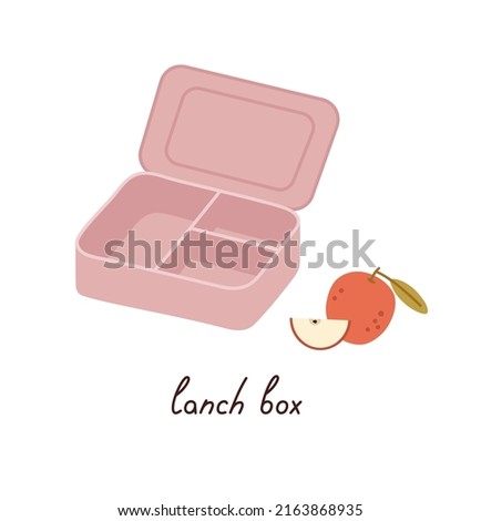 Zero waste reusable lunch box with apple and hand lettering. Hand-drawn reusable containers. Ecological lifestyle colored flat vector illustration isolated on white.  Royalty-Free Stock Photo #2163868935