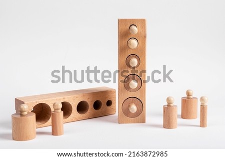 Montessori knobbed wooden cylinders with blocks. Childish puzzle for development of size perception and pincer grip. High quality photo
