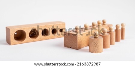 Montessori knobbed wooden cylinders with blocks. Children puzzle for development of dimension perception. High quality photo
