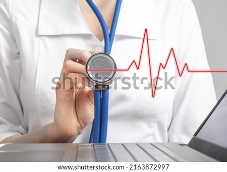 Doctor with stethoscope in hand listening to patient heart. Abnormal heartbeats, cardiovascular diseases detection concept. Health care, medicine concept. Cardiologist profession. High quality photo Royalty-Free Stock Photo #2163872997