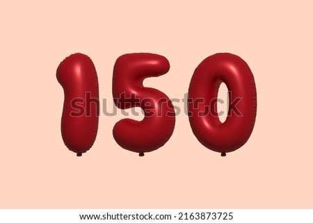 150 3d number balloon made of realistic metallic air balloon 3d rendering. 3D Red helium balloons for sale decoration Party Birthday, Celebrate anniversary, Wedding Holiday. Vector illustration