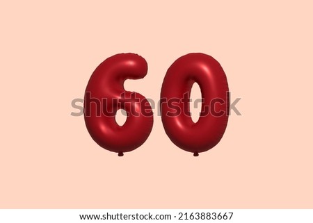 60 3d number balloon made of realistic metallic air balloon 3d rendering. 3D Red helium balloons for sale decoration Party Birthday, Celebrate anniversary, Wedding Holiday. Vector illustration