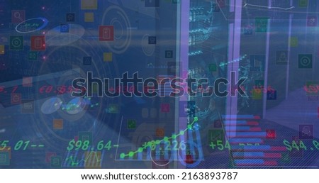 Image of financial data processing and statistics over computer servers. global finance, business and data processing concept digitally generated image.