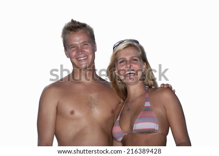 Young couple, smiling, front view, portrait, cut out