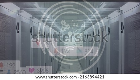 Image of social media icons and numbers over computer servers. global social media, computing and data processing concept digitally generated image.