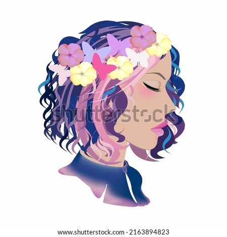 A beautiful, fabulous girl with colorful, short and curled hair. With a wreath of flowers on his head. Vector graphics. For the design.